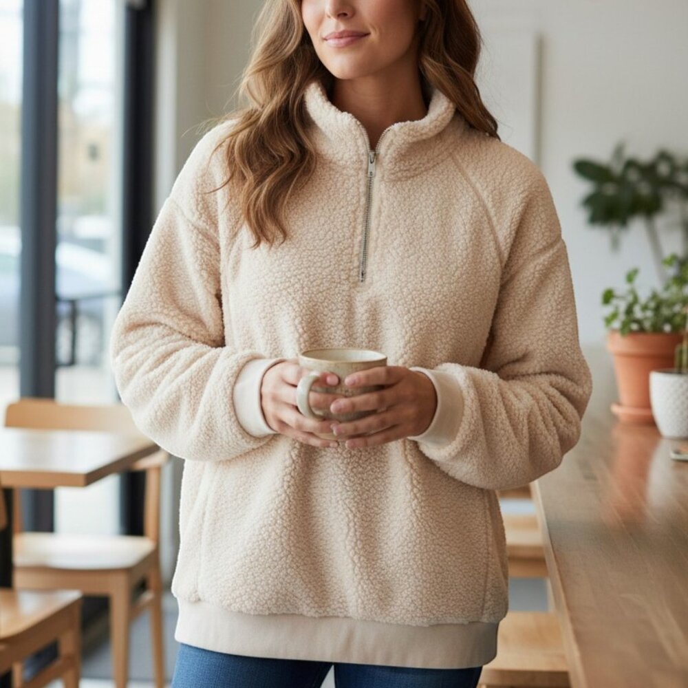 Cream Minky Plush Teddy Quarter Zip Lightweight Pullover – Super Soft Size XL